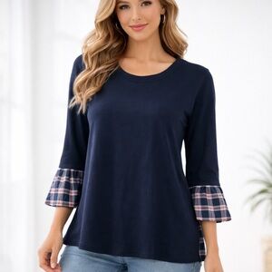 Loft Women’s Large Navy Blue Plaid Mixed Media Bell‎ Cuff Lightweight Top